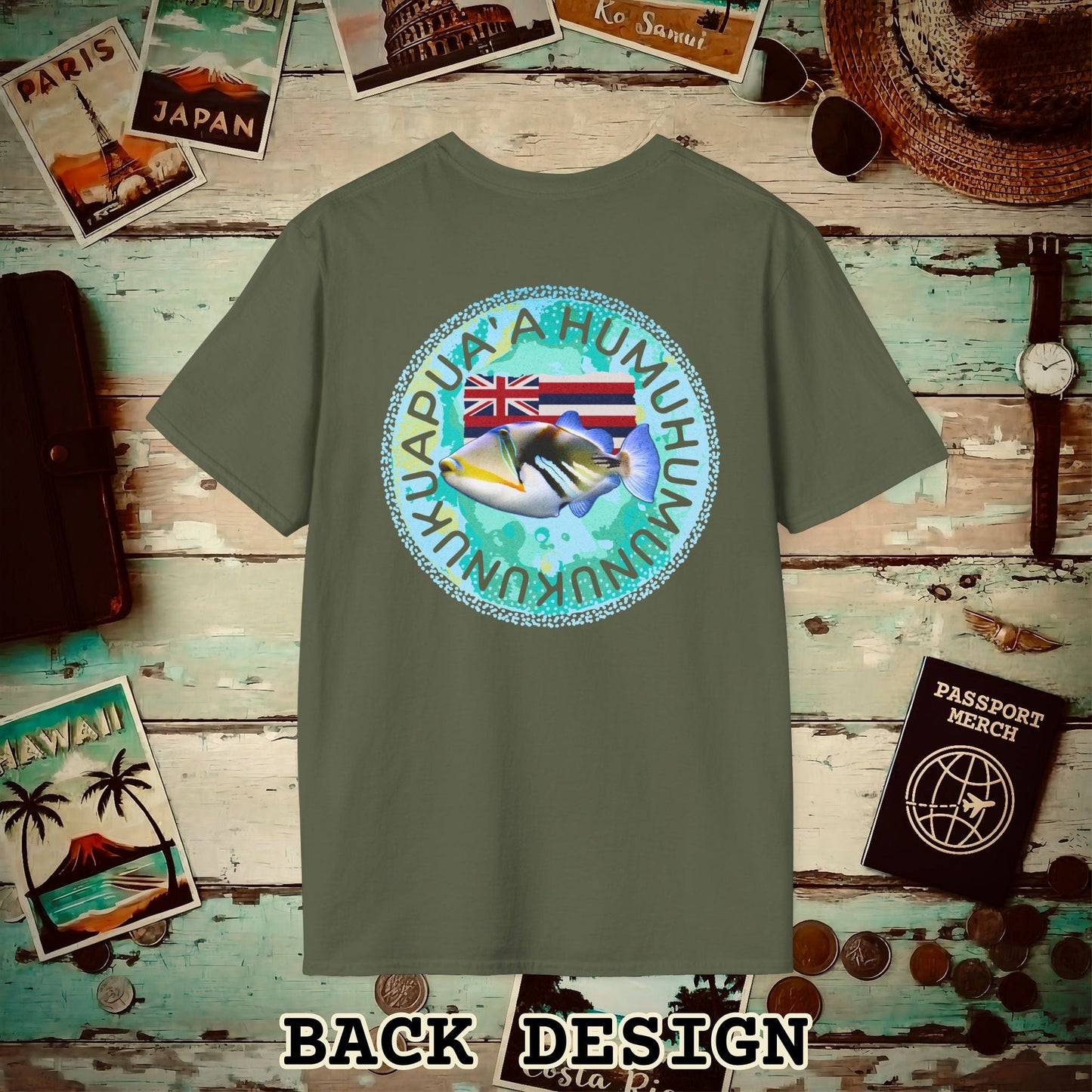 (4XL/5XL Special Order) Humuhumunukunukuapua'a, Hawaii, Back Print T-Shirt Military Green / 4XL