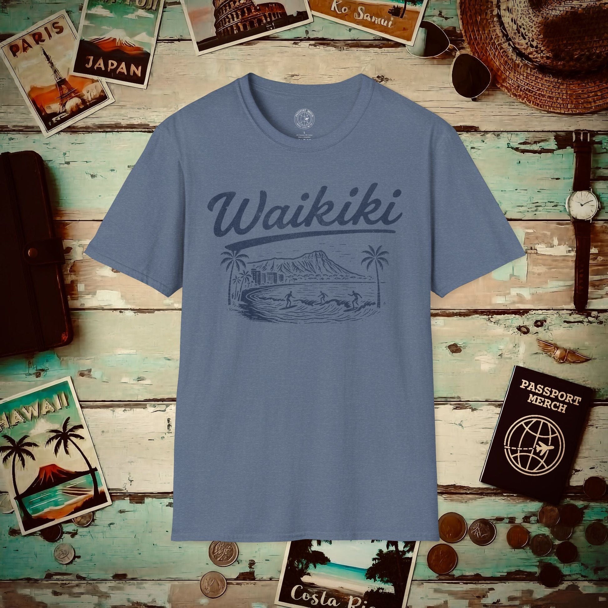 (4XL/5XL Special Order) Monochrome Dreams of Waikiki, Hawaii T-Shirt Heather Indigo / 4XL