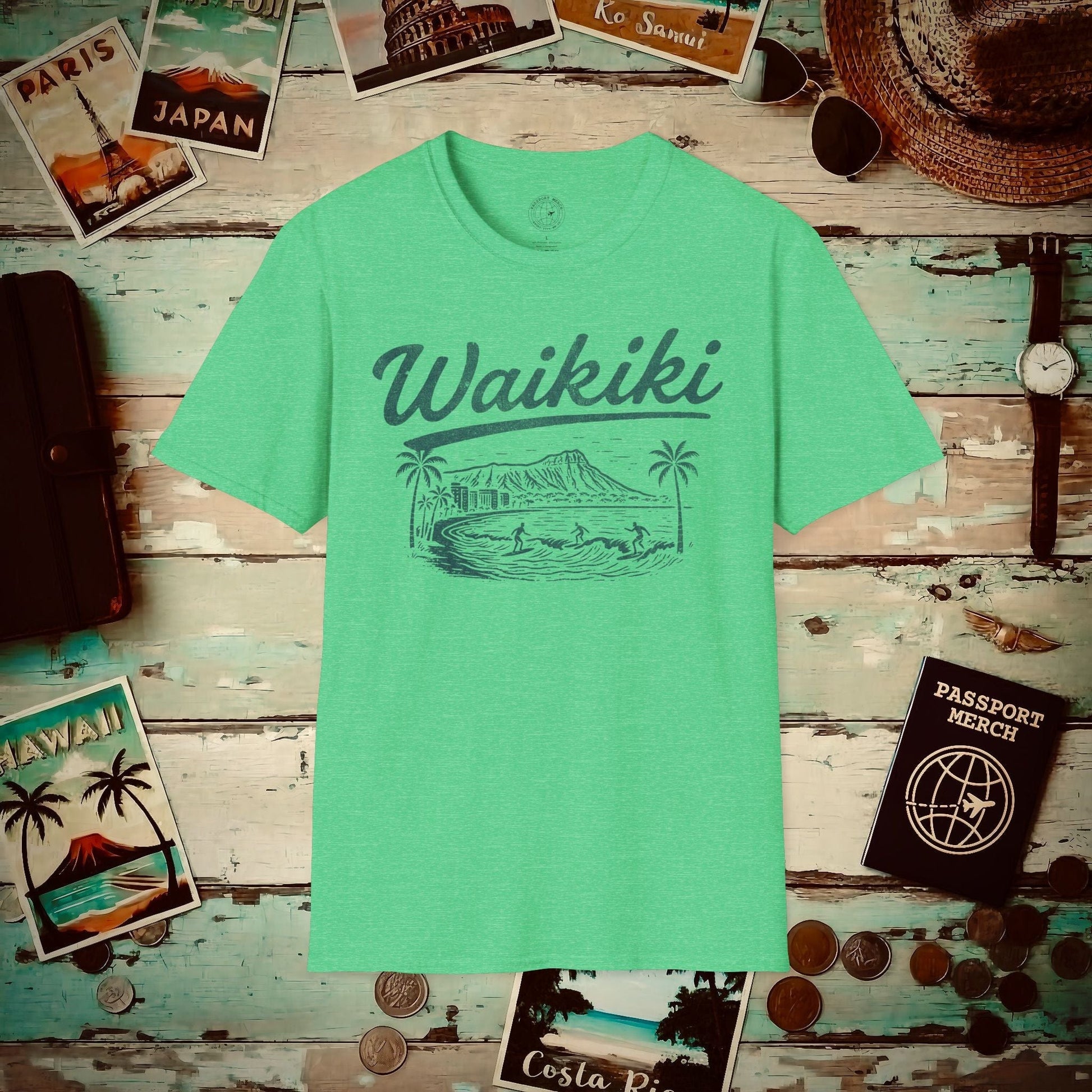 (4XL/5XL Special Order) Monochrome Dreams of Waikiki, Hawaii T-Shirt Heather Irish Green / 4XL