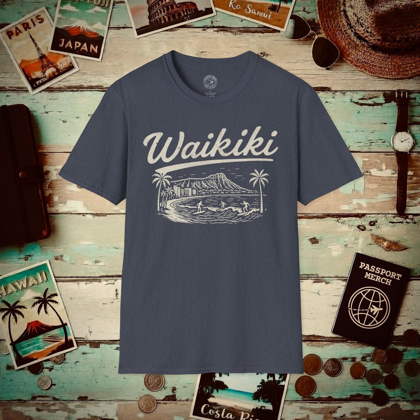 (4XL/5XL Special Order) Monochrome Dreams of Waikiki, Hawaii T-Shirt Heather Navy / 4XL