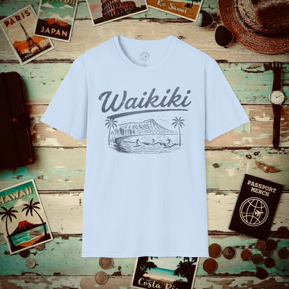 (4XL/5XL Special Order) Monochrome Dreams of Waikiki, Hawaii T-Shirt Light Blue / 4XL