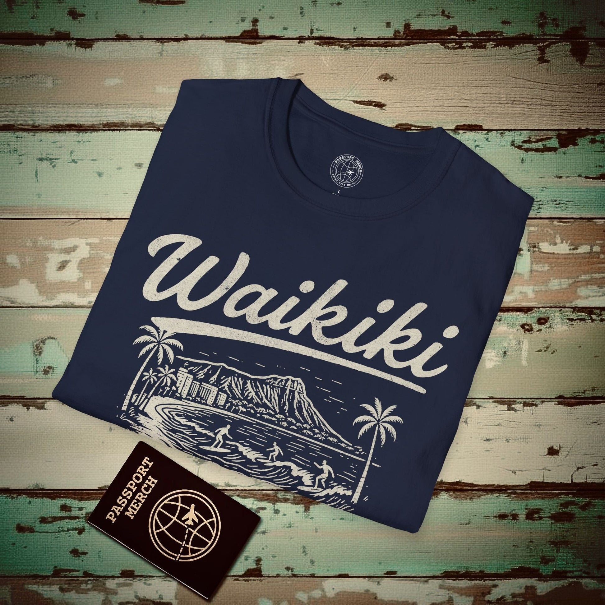 (4XL/5XL Special Order) Monochrome Dreams of Waikiki, Hawaii T-Shirt Navy / 4XL