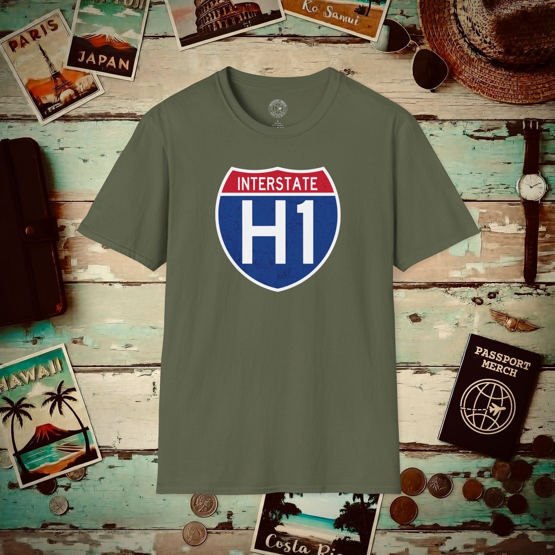 (4XL/5XL Special Order) Signs of Wanderlust, Interstate H1, Hawaii T-Shirt Military Green / 4XL