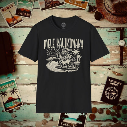 (4XL/5XL Special Order) Vintage Surfing Santa, Mele Kalikimaka, Hawaii T-Shirt Black / 4XL