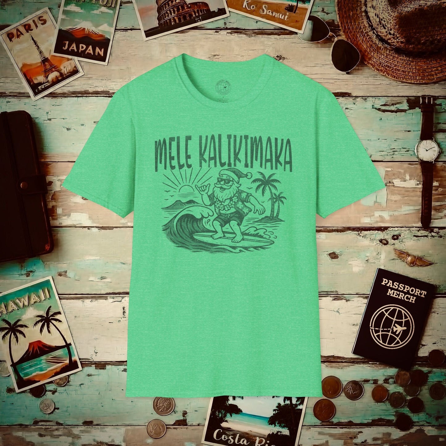 (4XL/5XL Special Order) Vintage Surfing Santa, Mele Kalikimaka, Hawaii T-Shirt Heather Irish Green / 4XL