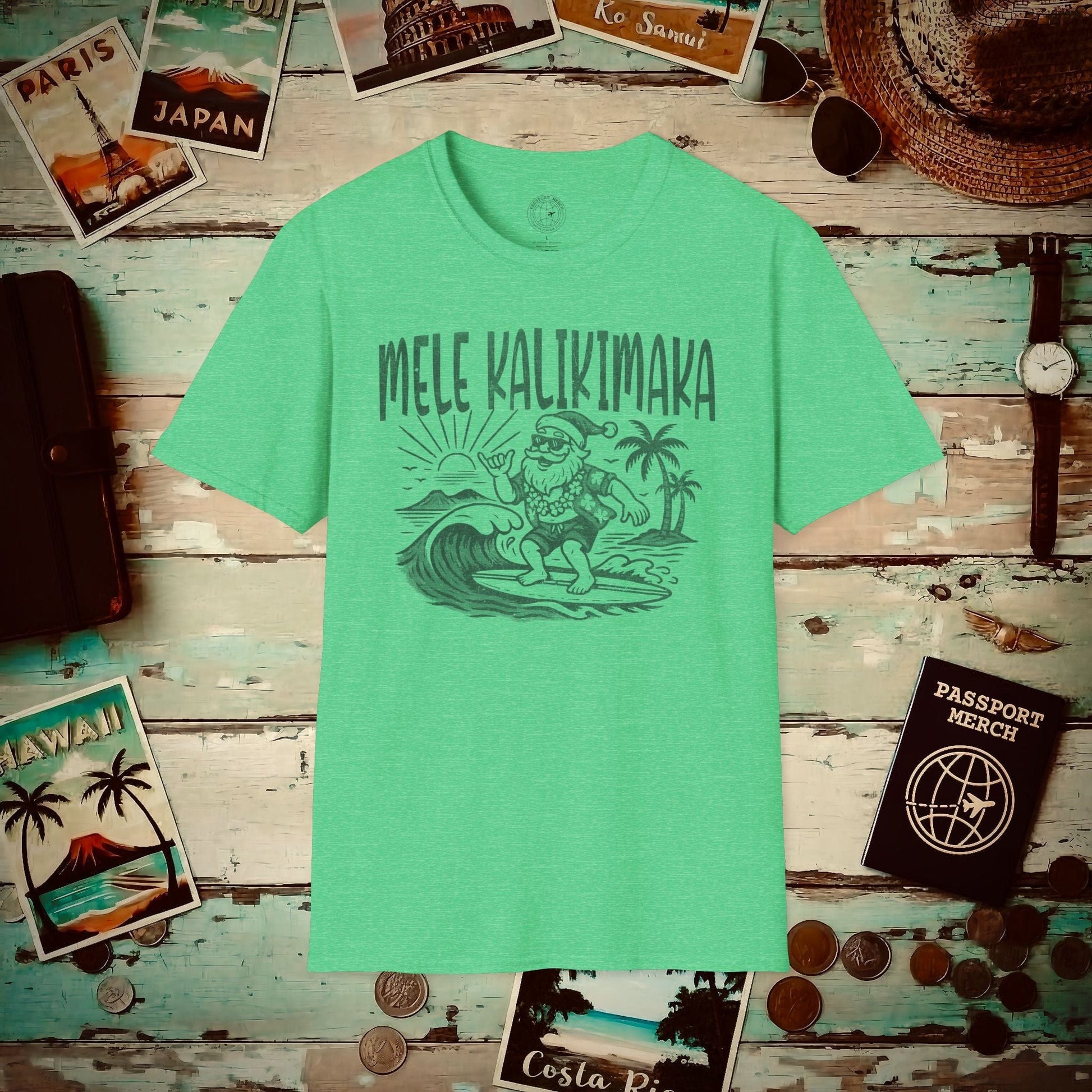 (4XL/5XL Special Order) Vintage Surfing Santa, Mele Kalikimaka, Hawaii T-Shirt Heather Irish Green / 4XL
