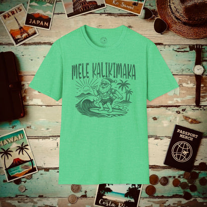 (4XL/5XL Special Order) Vintage Surfing Santa, Mele Kalikimaka, Hawaii T-Shirt Heather Irish Green / 4XL