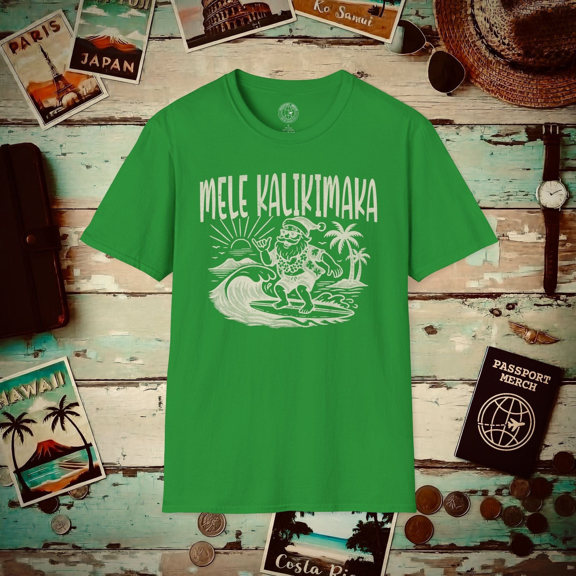 (4XL/5XL Special Order) Vintage Surfing Santa, Mele Kalikimaka, Hawaii T-Shirt Irish Green / 4XL