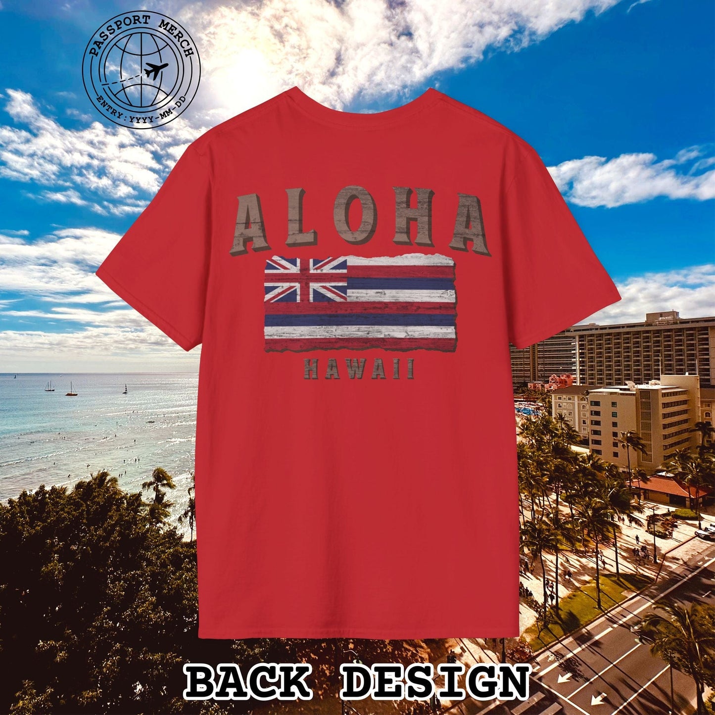 Koa Wood Aloha Hawaiian Flag, Back Print T-Shirt
