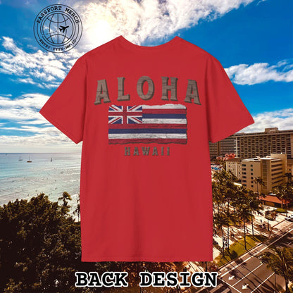 Koa Wood Aloha Hawaiian Flag, Back Print T-Shirt