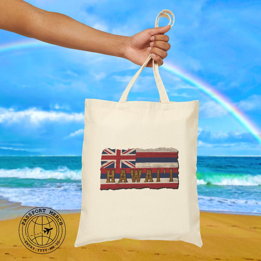 Vintage Koa Wood Carved Hawaiian Flag Tote Bag