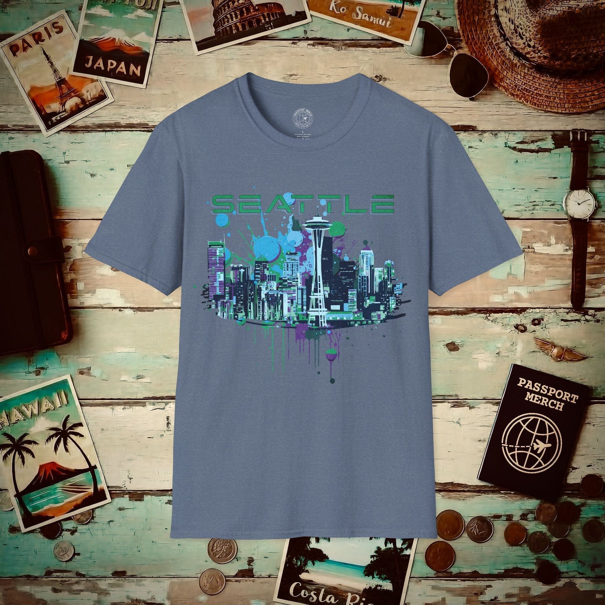 Abstract Space Needle, Seattle Washington T-Shirt Heather Indigo / S