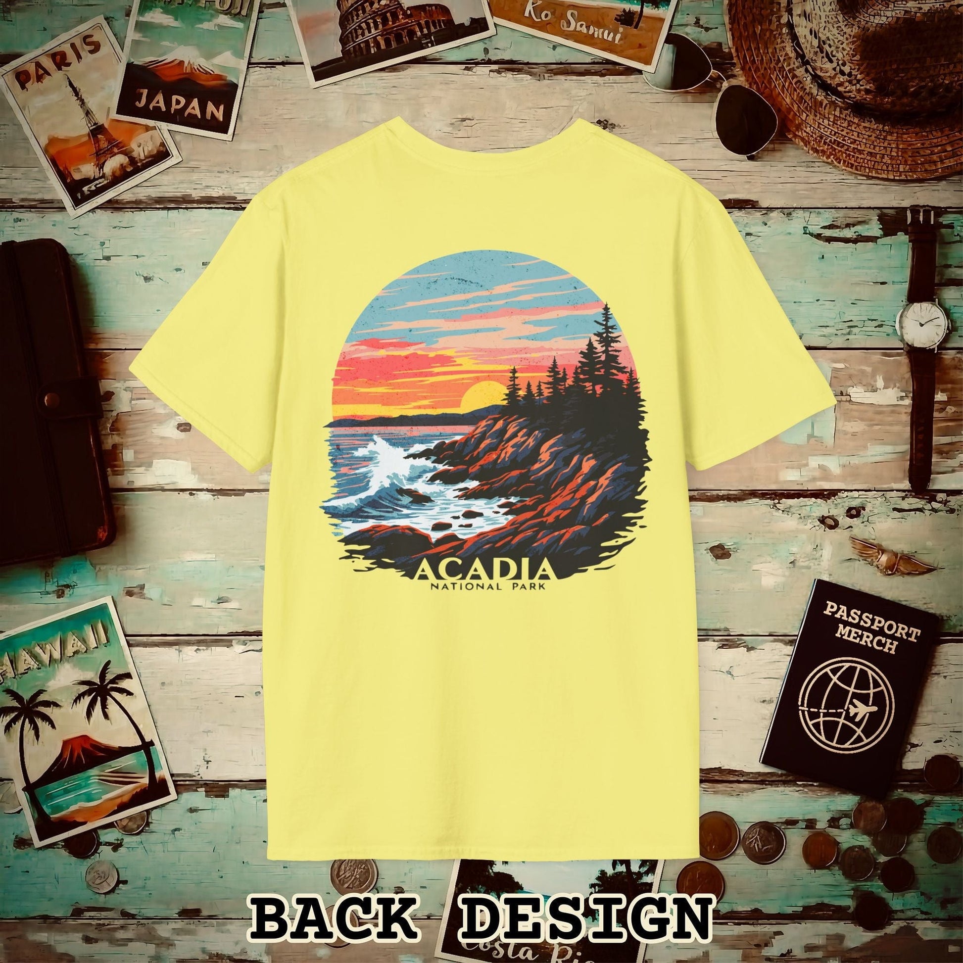 Acadia National Park, Maine, Back Print T-Shirt Cornsilk / S