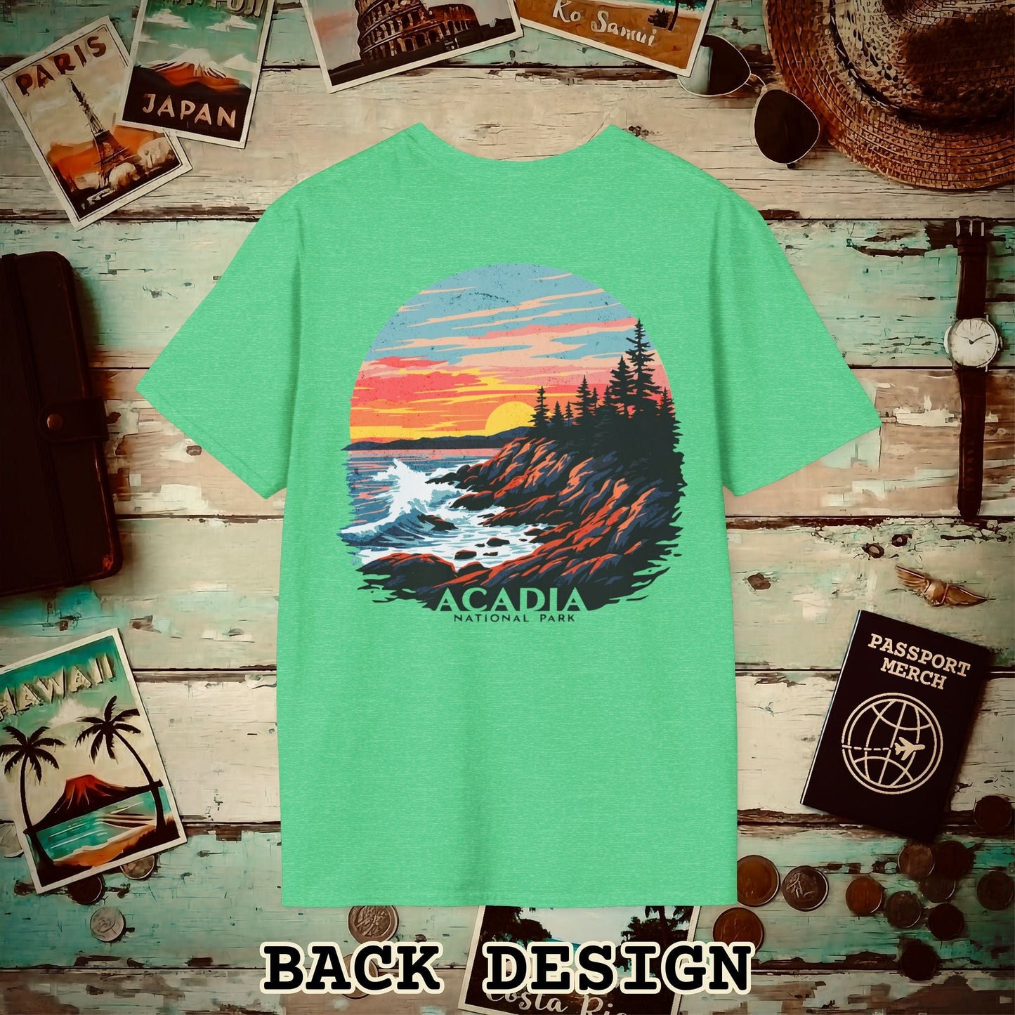 Acadia National Park, Maine, Back Print T-Shirt Heather Irish Green / S