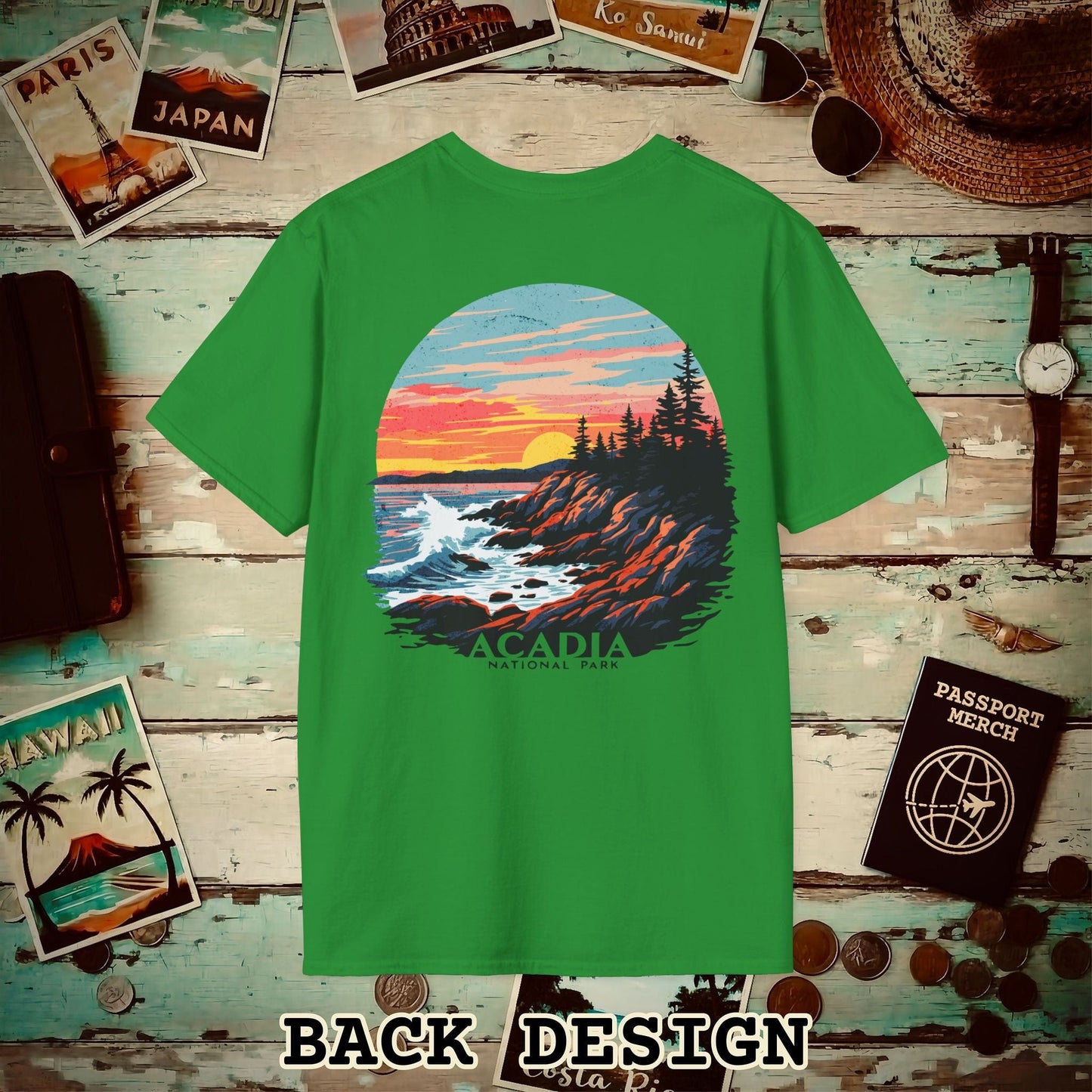 Acadia National Park, Maine, Back Print T-Shirt Irish Green / S