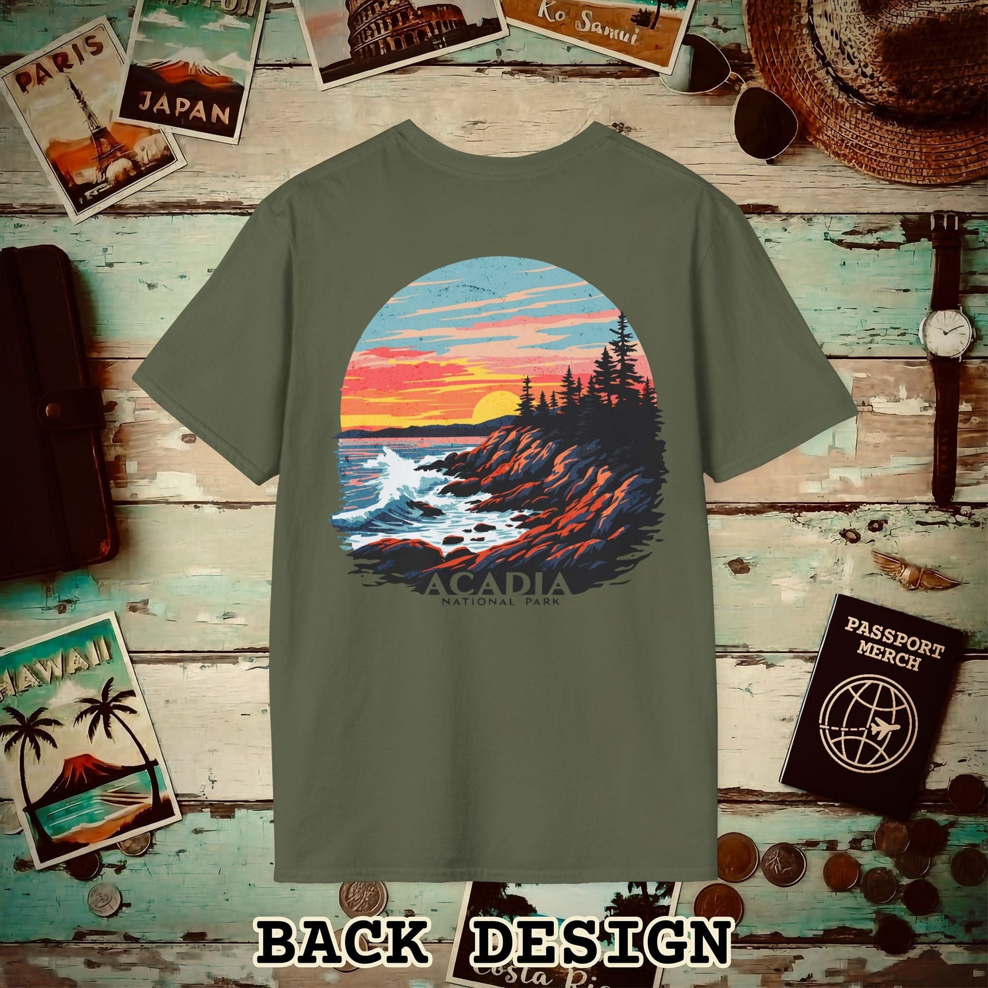 Acadia National Park, Maine, Back Print T-Shirt Military Green / S