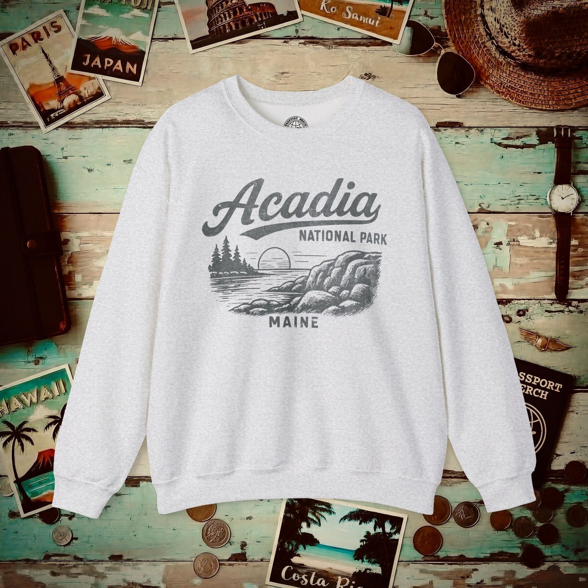 Acadia National Park Vintage Monochrome, Maine Crewneck Ash / S