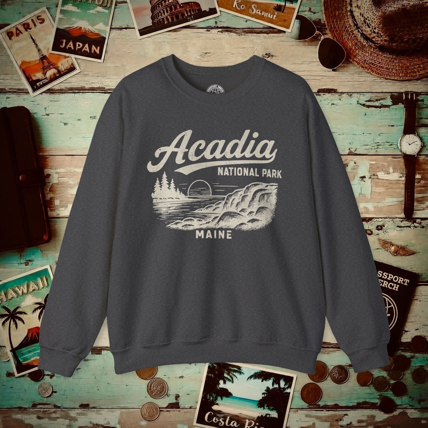 Acadia National Park Vintage Monochrome, Maine Crewneck Dark Heather / S