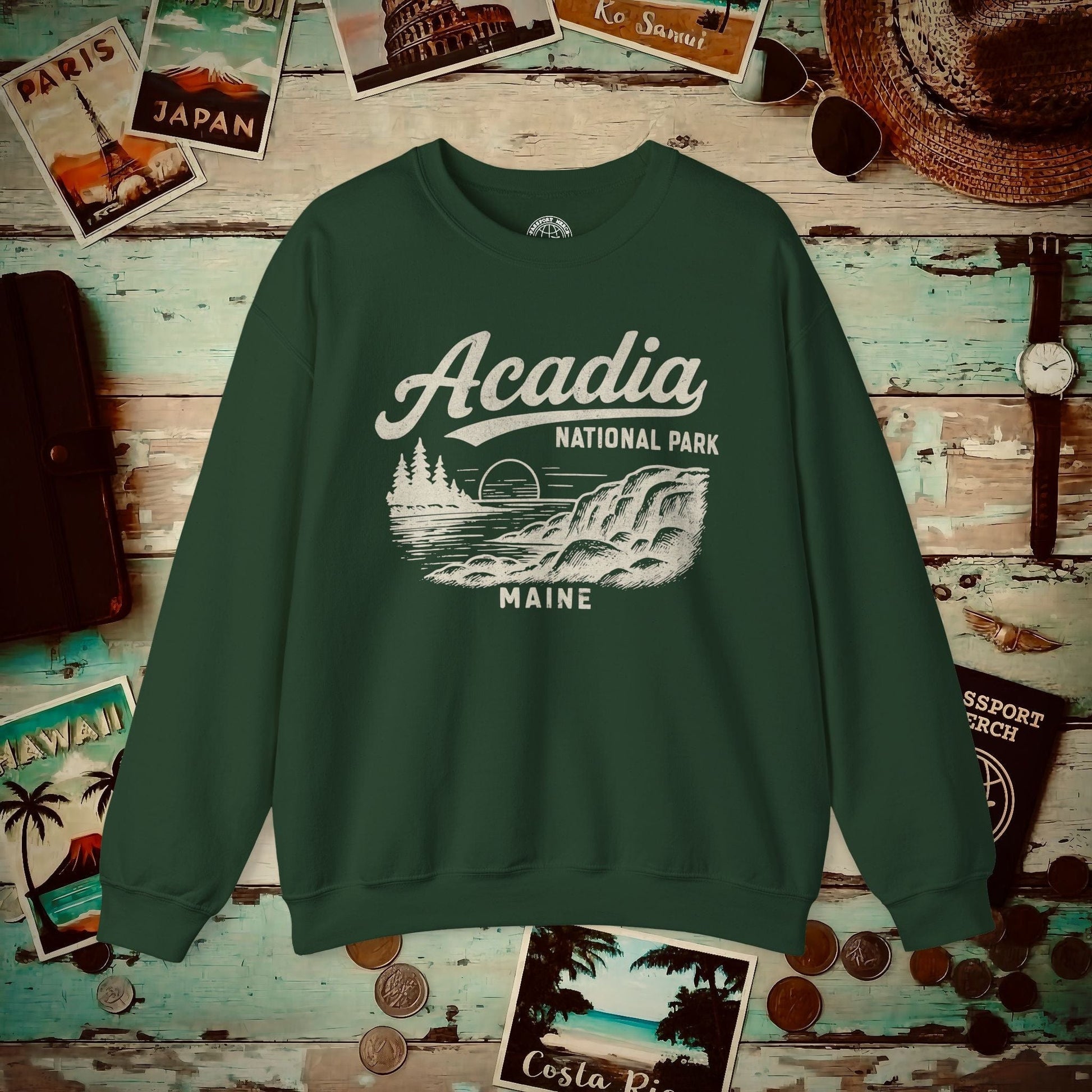 Acadia National Park Vintage Monochrome, Maine Crewneck Forest Green / S