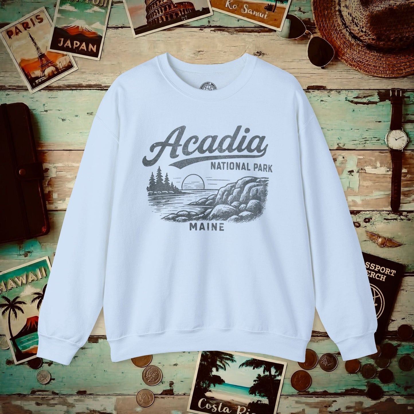 Acadia National Park Vintage Monochrome, Maine Crewneck Light Blue / S