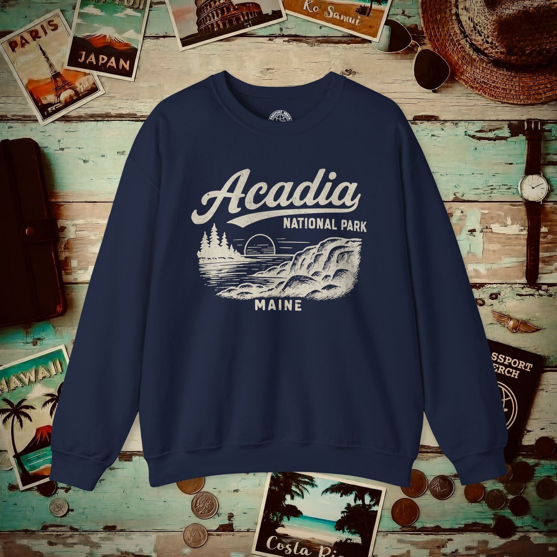 Acadia National Park Vintage Monochrome, Maine Crewneck Navy / S
