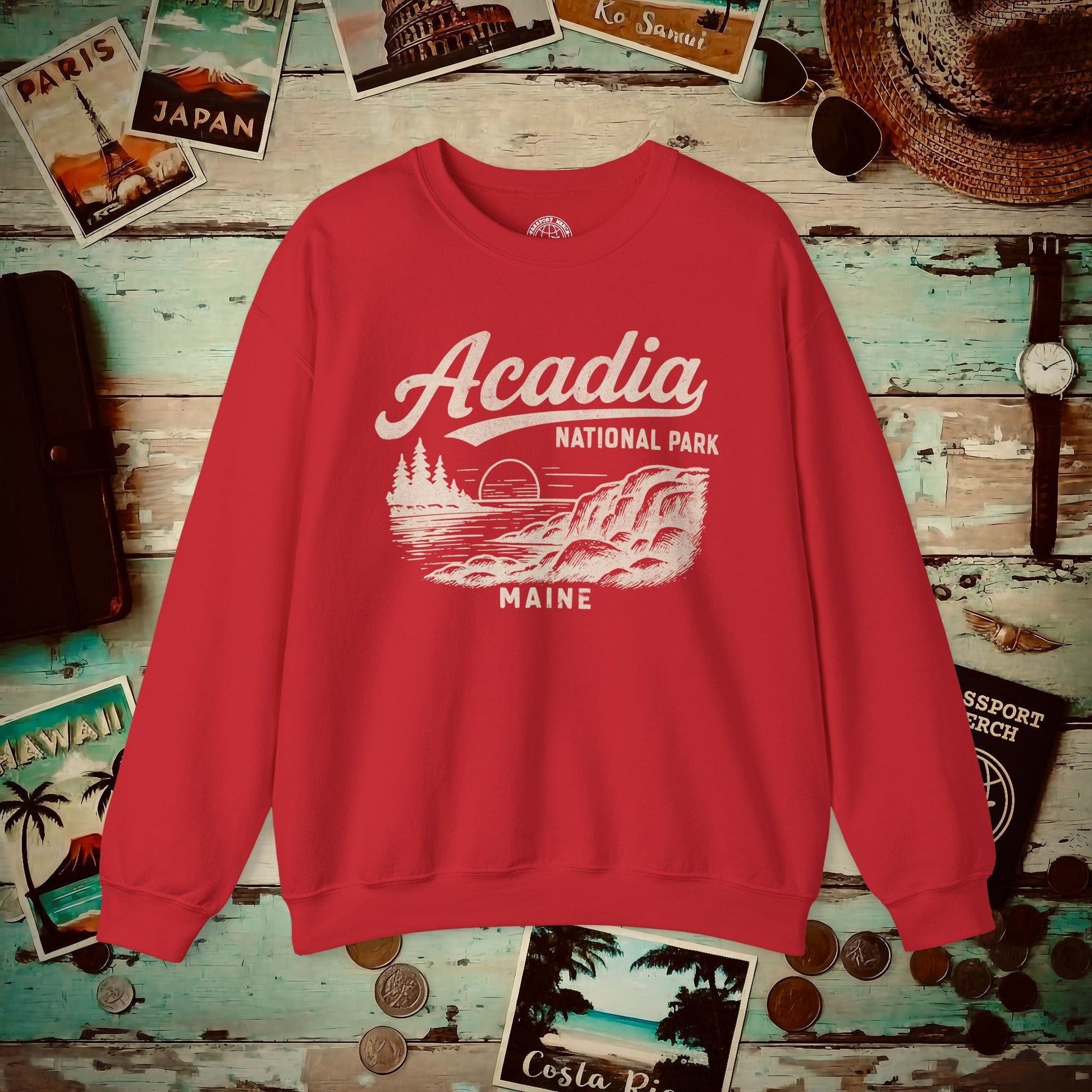 Acadia National Park Vintage Monochrome, Maine Crewneck Red / S
