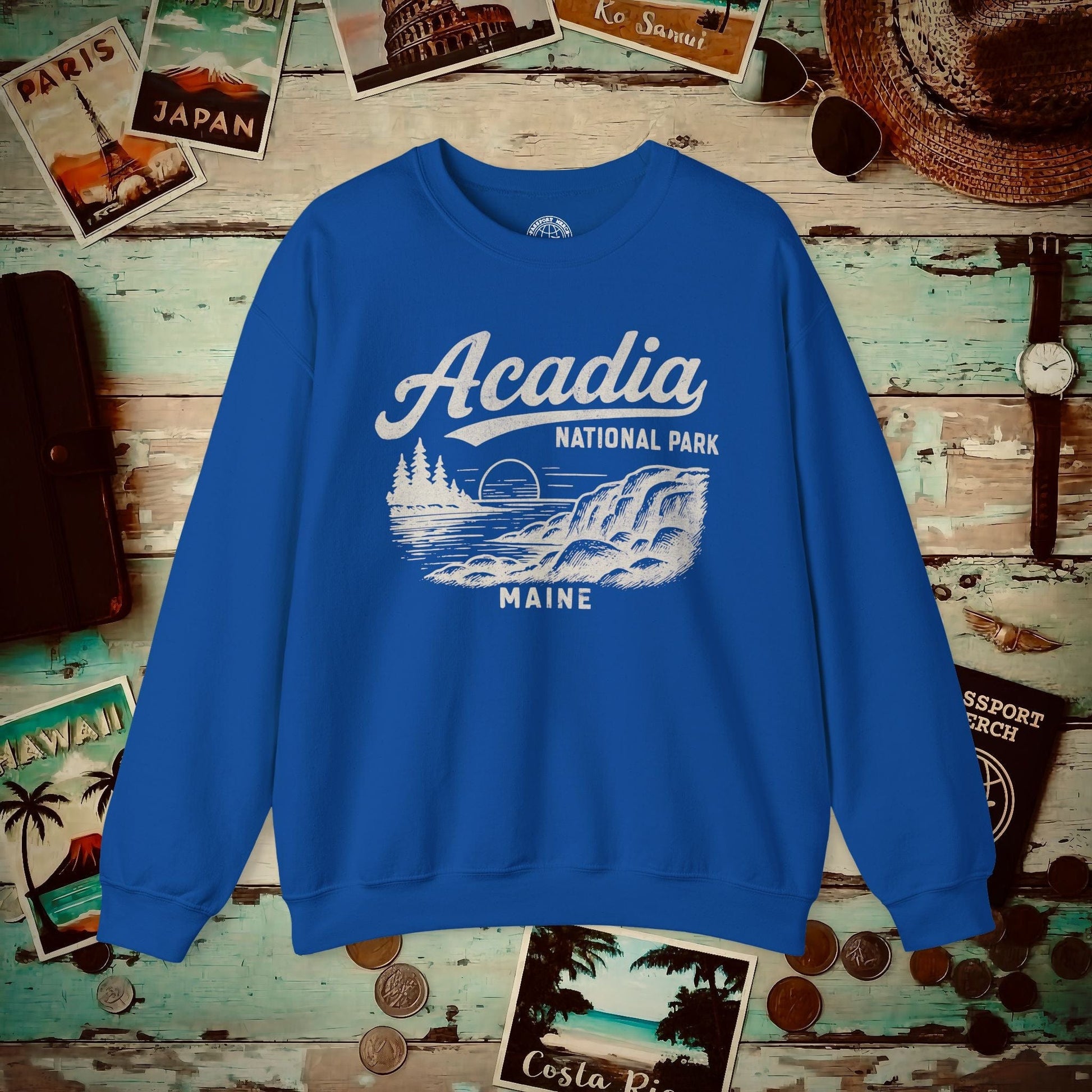 Acadia National Park Vintage Monochrome, Maine Crewneck Royal / S