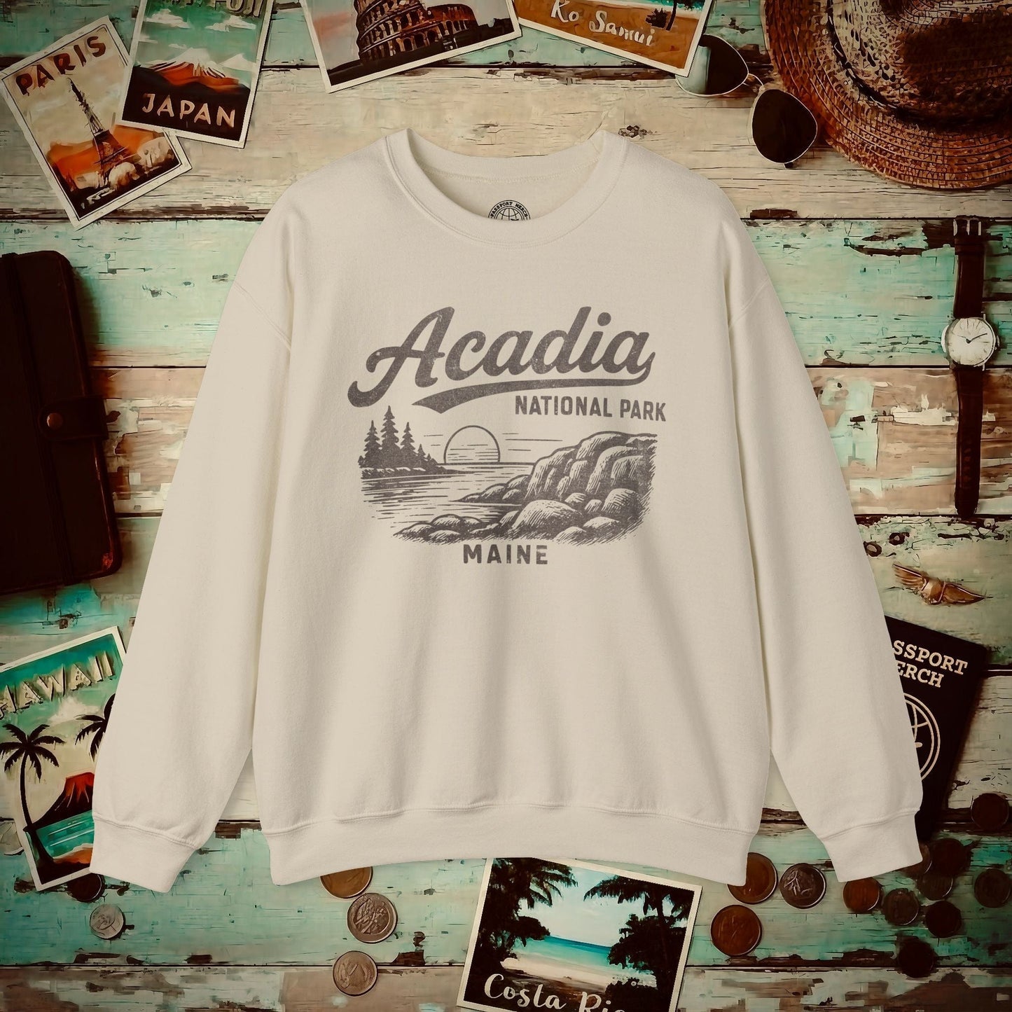 Acadia National Park Vintage Monochrome, Maine Crewneck Sand / S