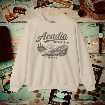 Acadia National Park Vintage Monochrome, Maine Crewneck Sand / S