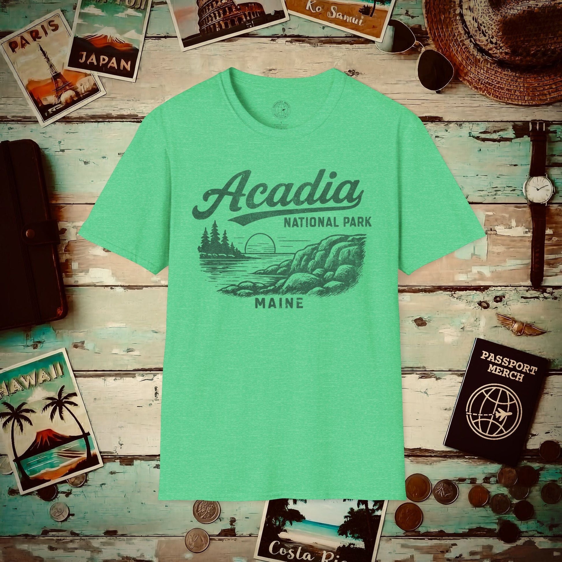 Acadia National Park Vintage Monochrome, Maine T-Shirt Heather Irish Green / S