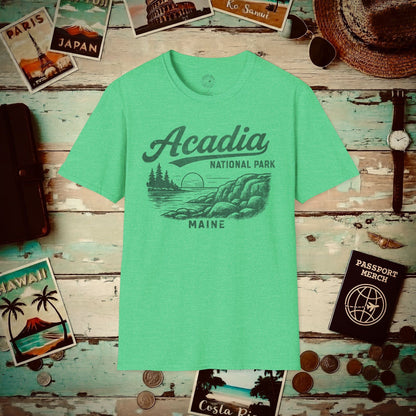 Acadia National Park Vintage Monochrome, Maine T-Shirt Heather Irish Green / S