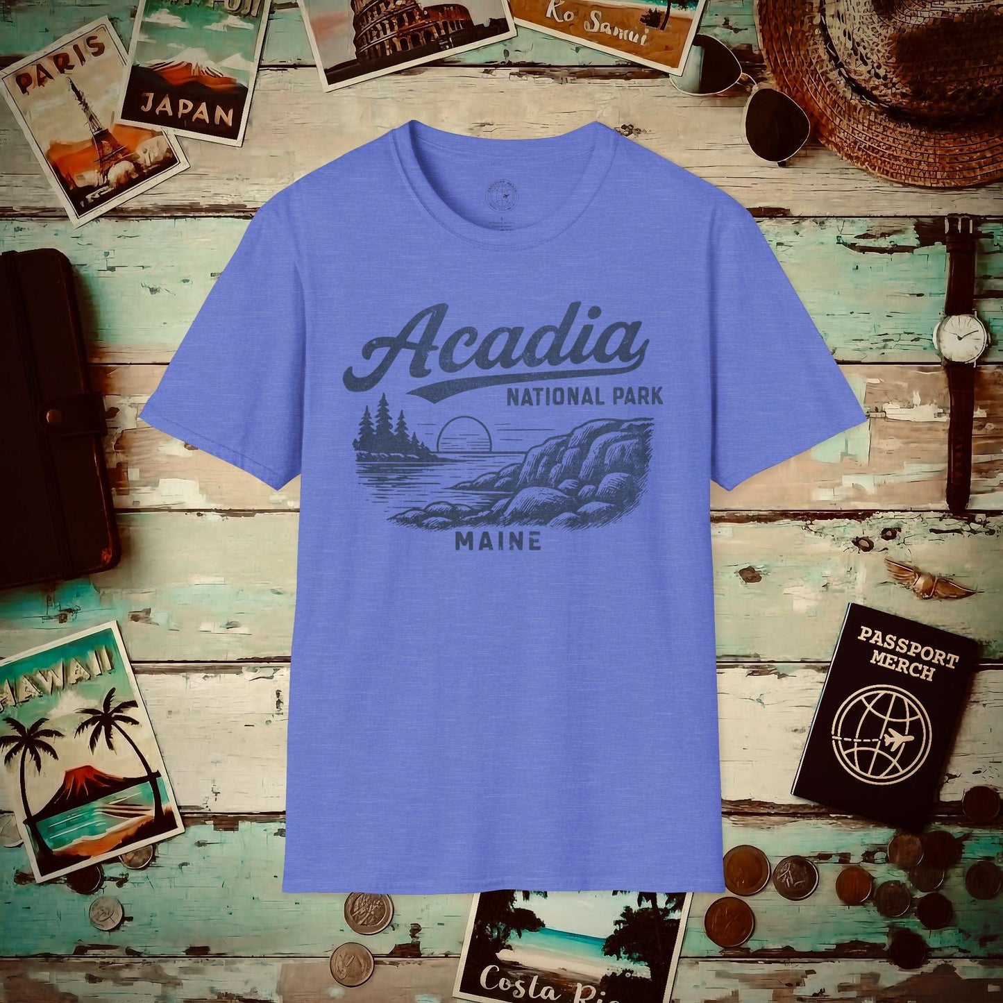 Acadia National Park Vintage Monochrome, Maine T-Shirt Heather Royal / S