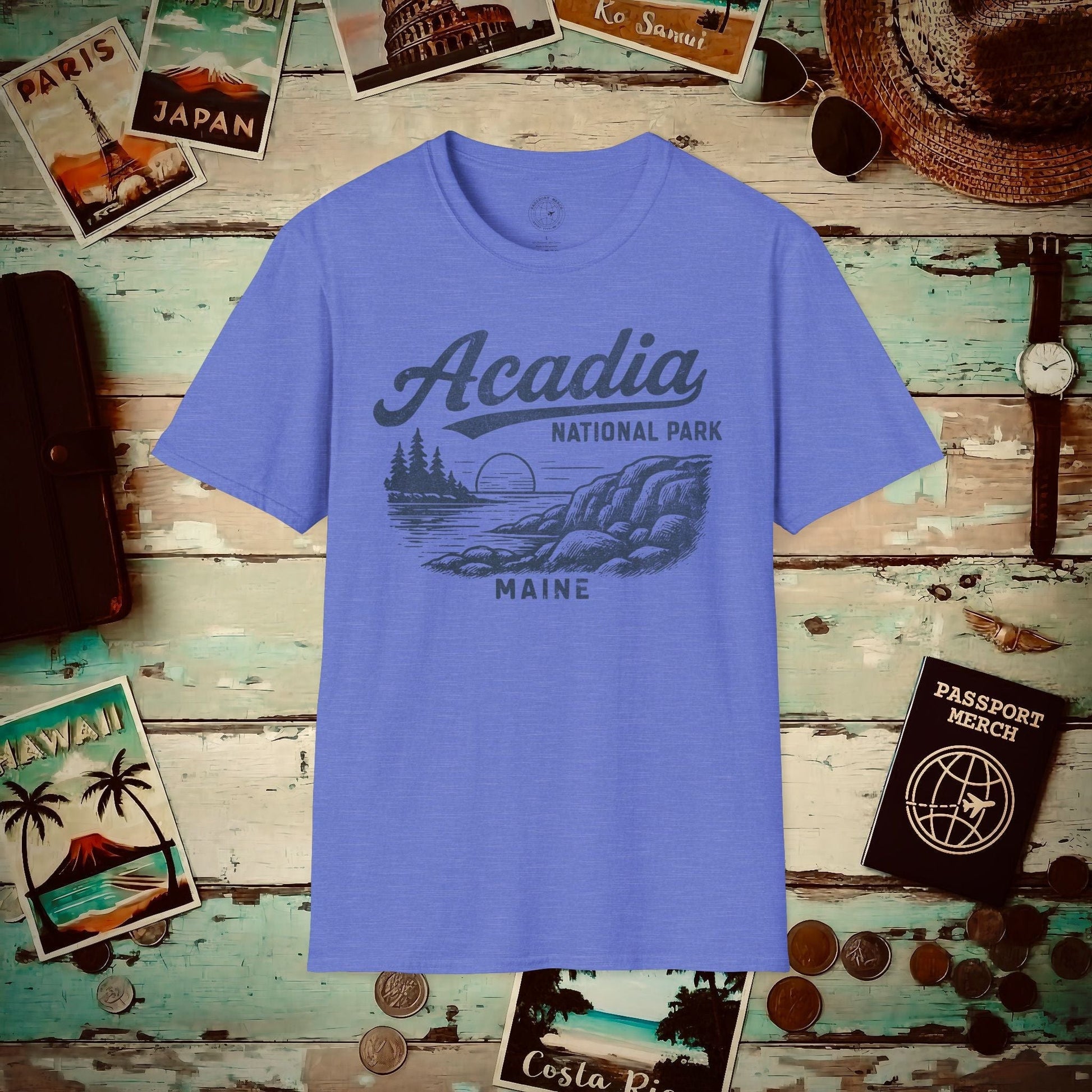 Acadia National Park Vintage Monochrome, Maine T-Shirt Heather Royal / S
