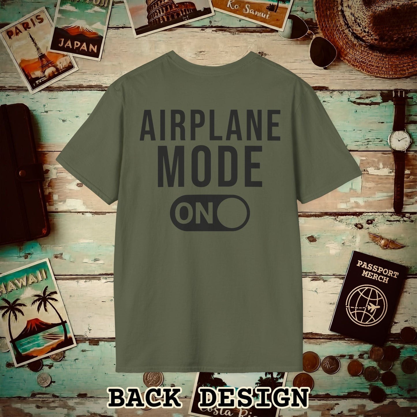 Airplane Mode, ON Back Print T-Shirt Military Green / S