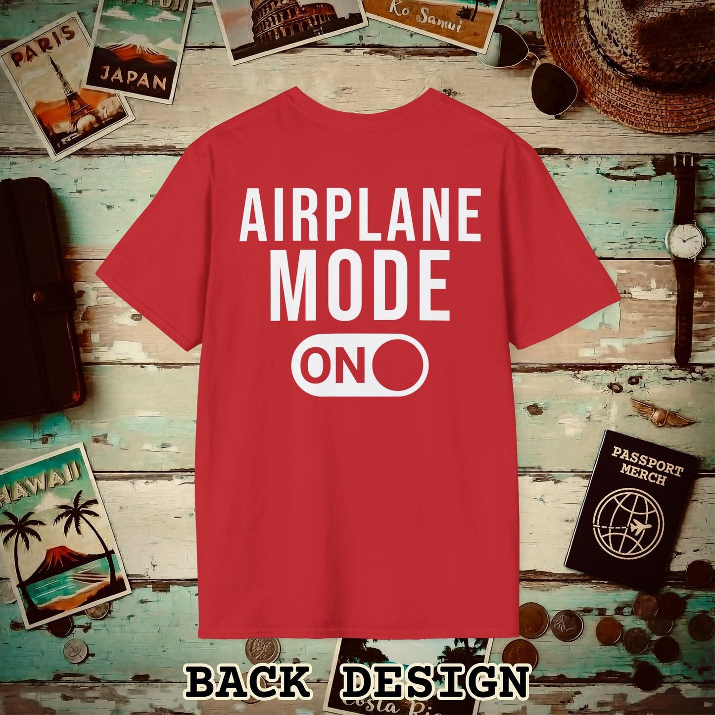 Airplane Mode, ON Back Print T-Shirt Red / S