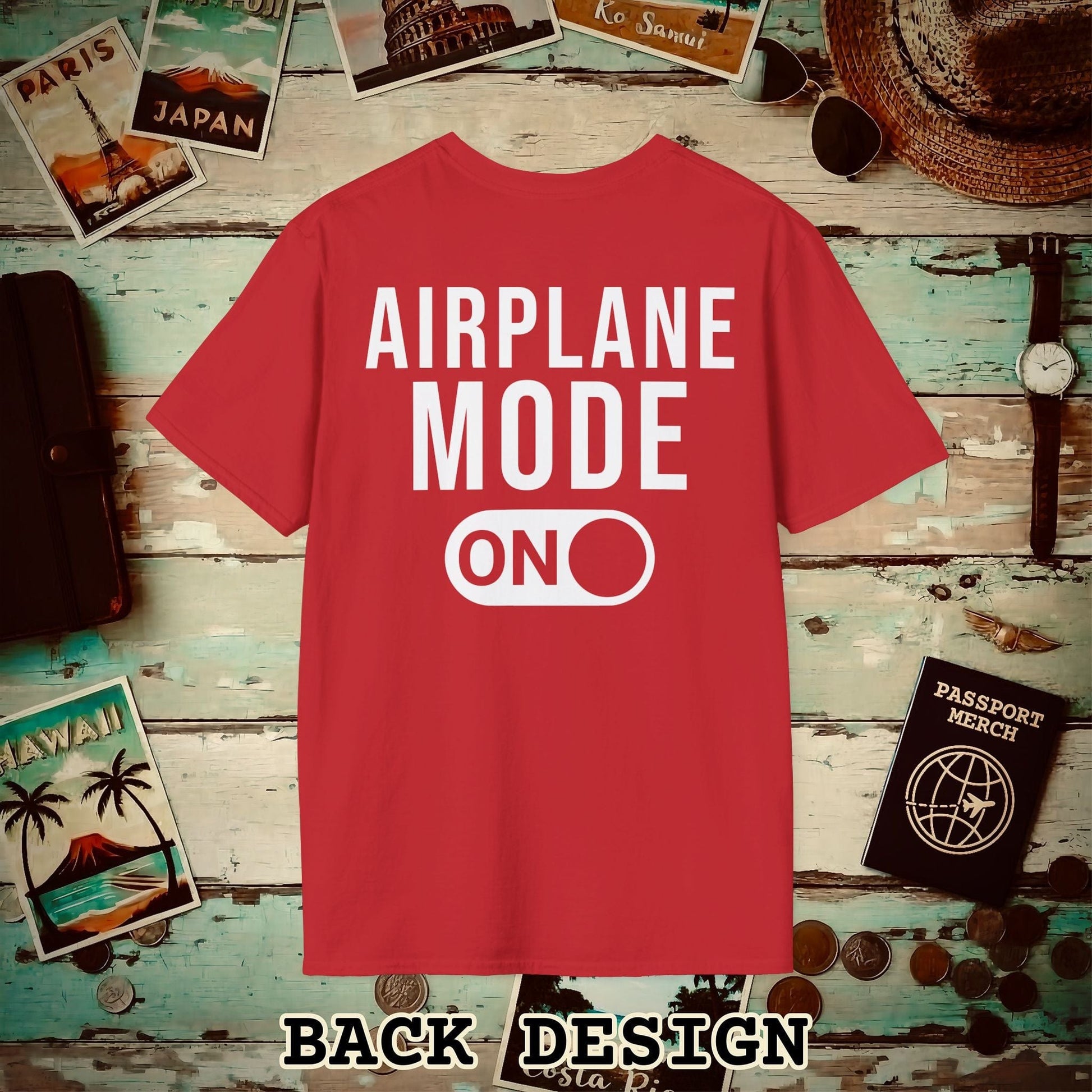 Airplane Mode, ON Back Print T-Shirt Red / S