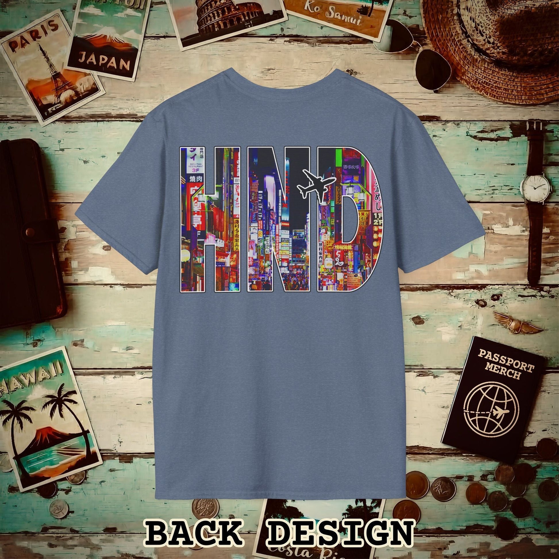 Airport Window Haneda Tokyo Japan HND Back Print T-Shirt Heather Indigo / S