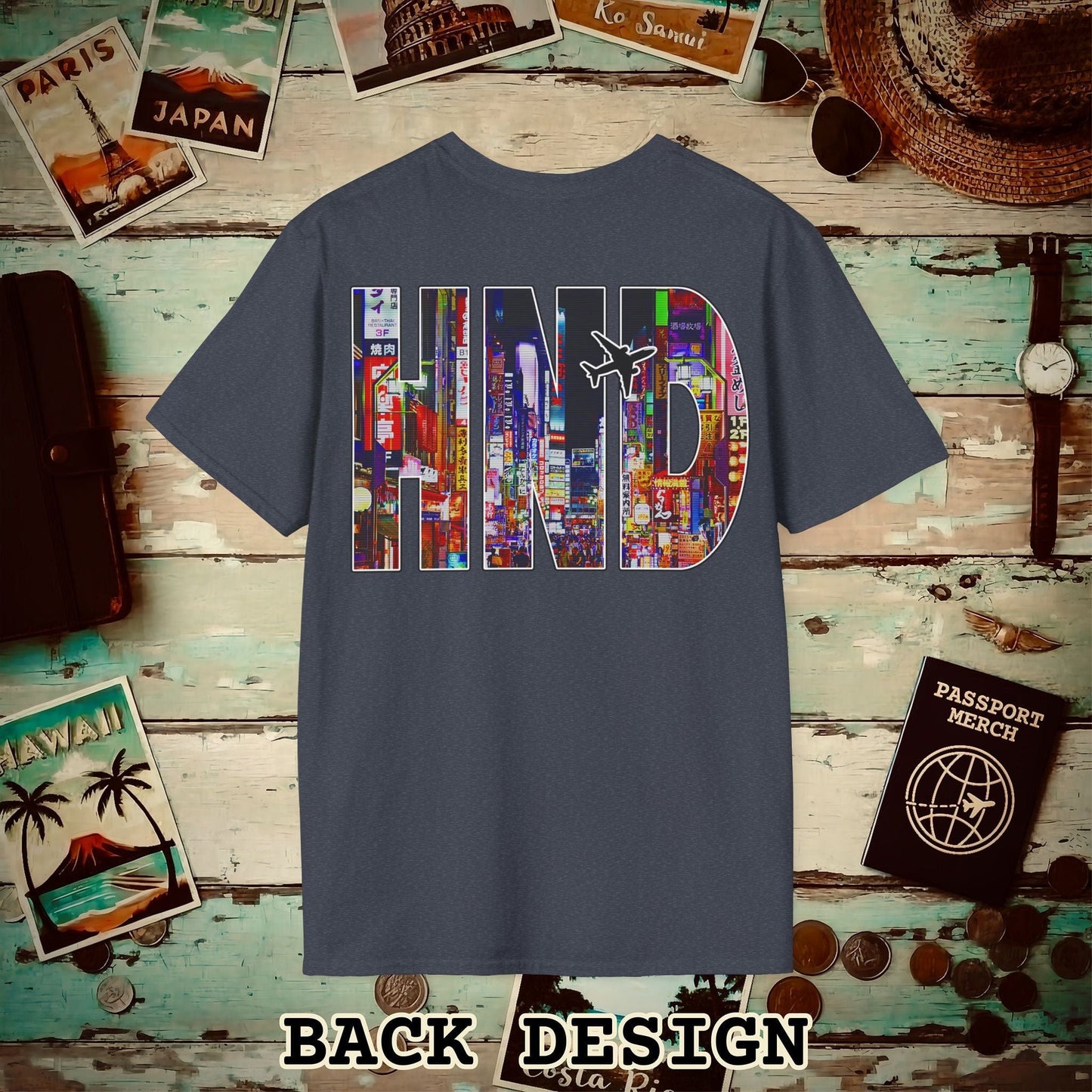 Airport Window Haneda Tokyo Japan HND Back Print T-Shirt Heather Navy / S