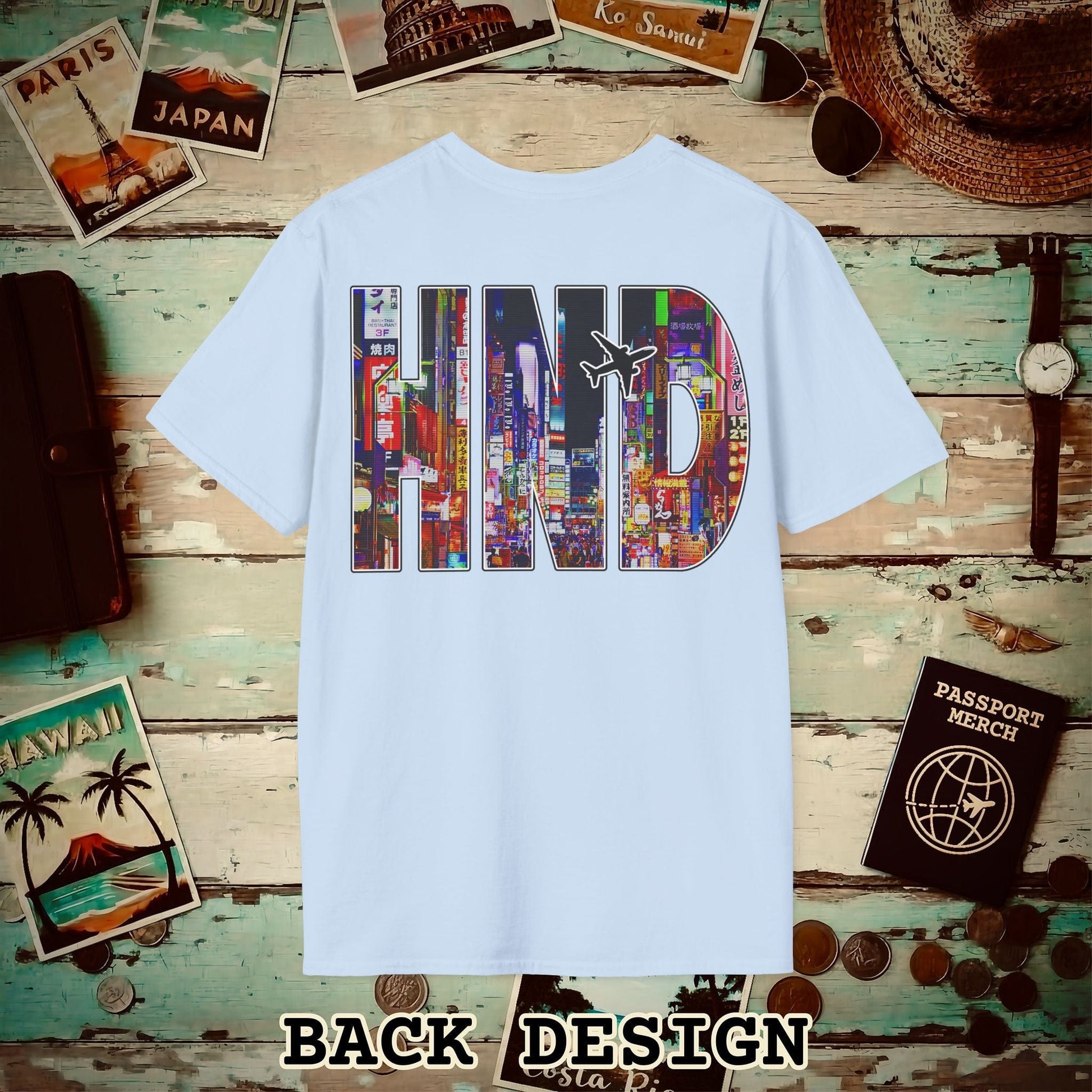 Airport Window Haneda Tokyo Japan HND Back Print T-Shirt Light Blue / S