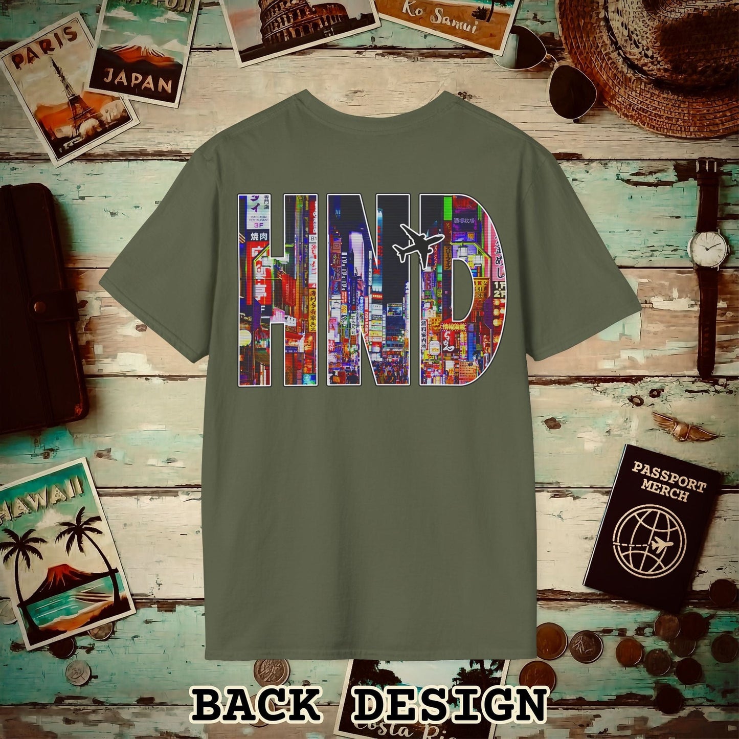Airport Window Haneda Tokyo Japan HND Back Print T-Shirt Military Green / S
