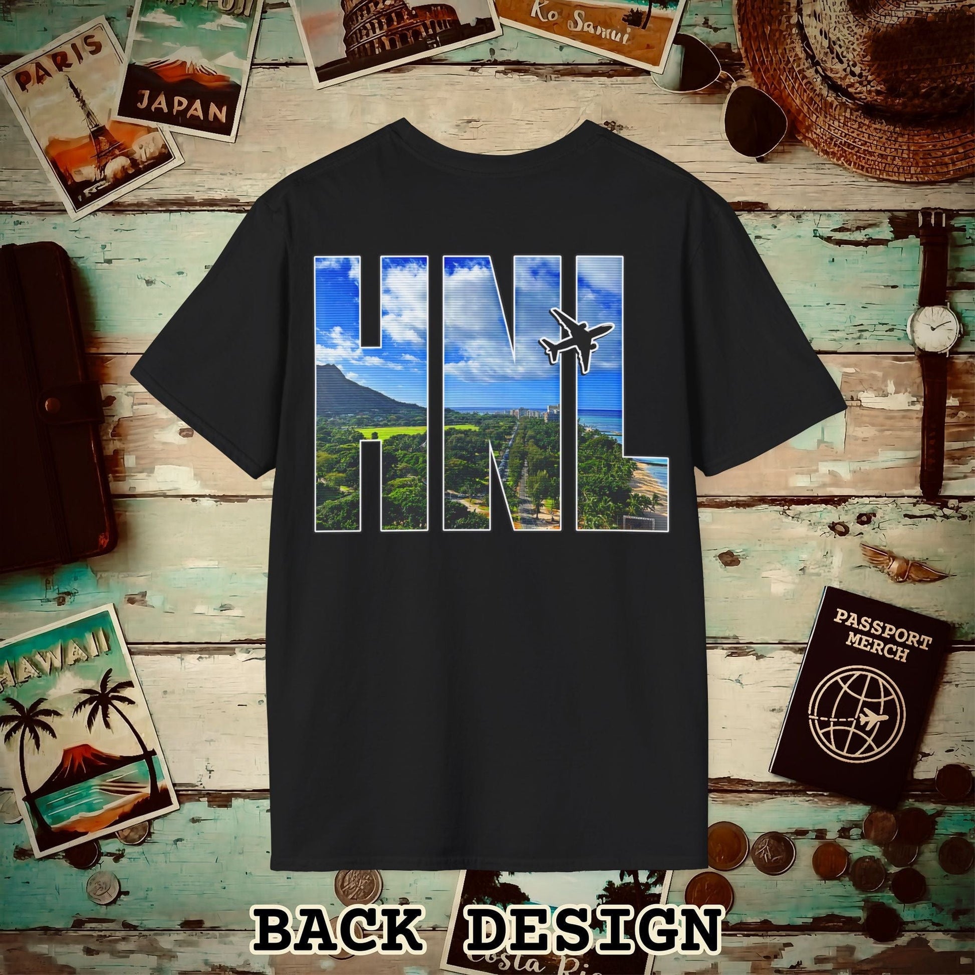 Airport Window Honolulu Oahu Hawaii HNL Back Print T-Shirt Black / S
