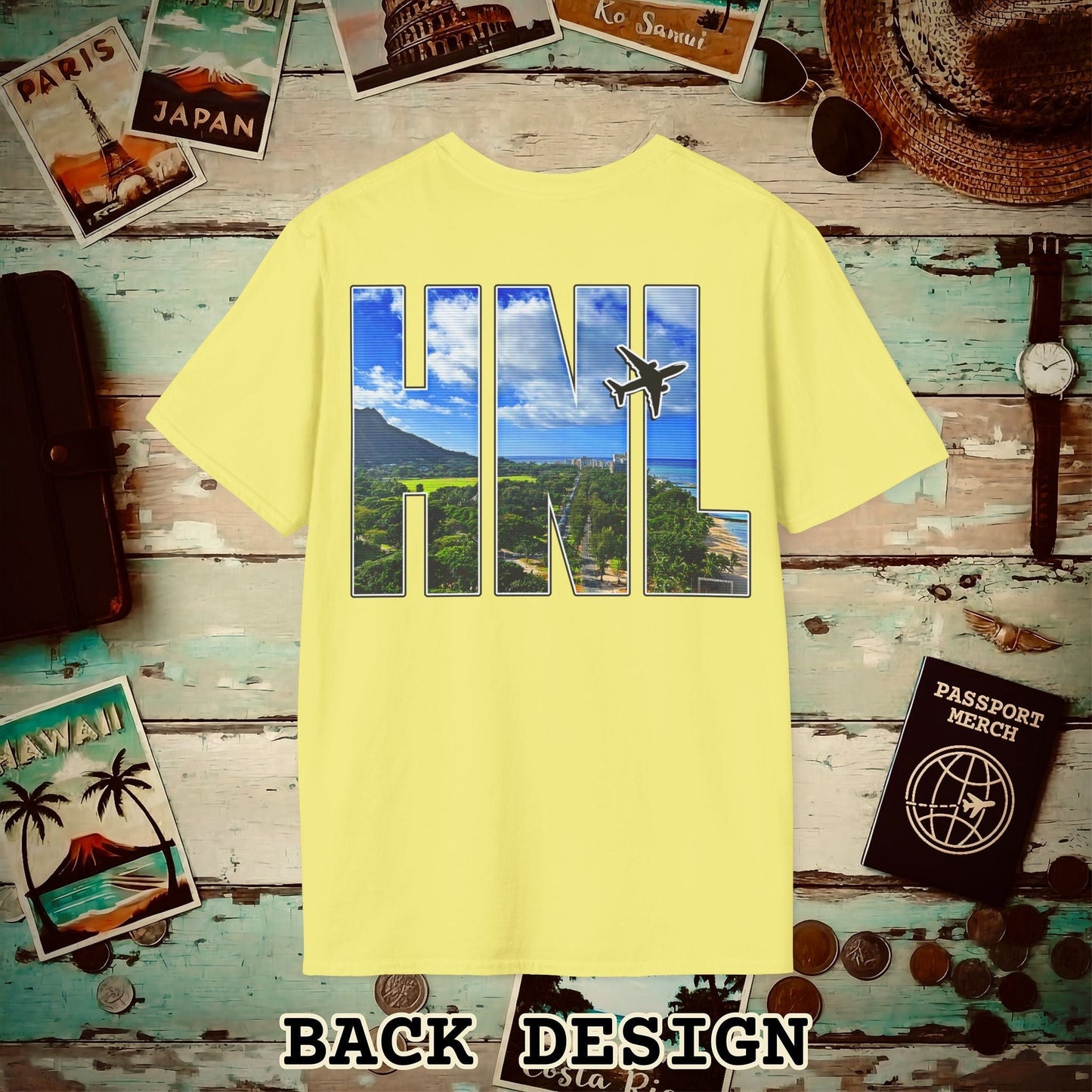 Airport Window Honolulu Oahu Hawaii HNL Back Print T-Shirt Cornsilk / S