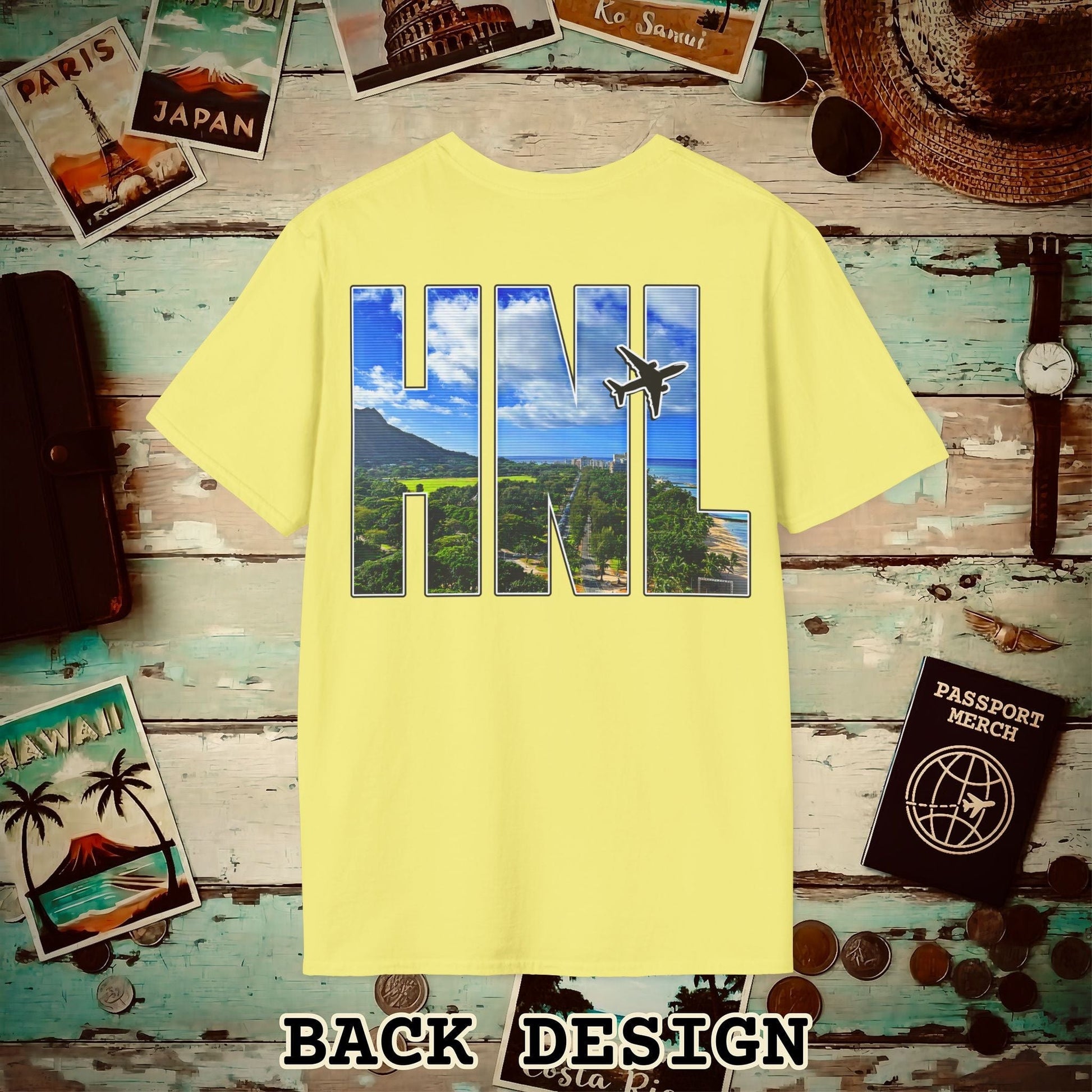 Airport Window Honolulu Oahu Hawaii HNL Back Print T-Shirt Cornsilk / S