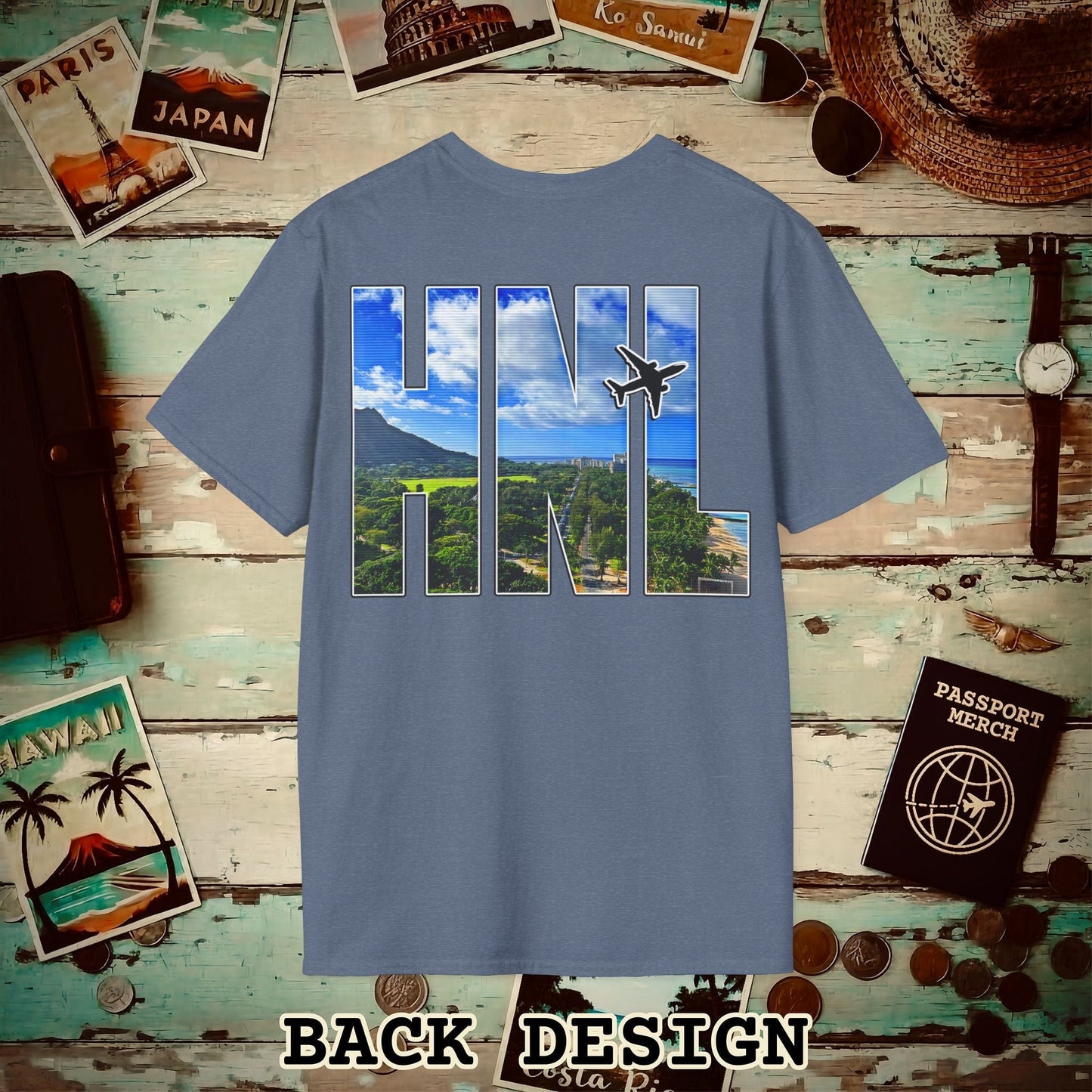 Airport Window Honolulu Oahu Hawaii HNL Back Print T-Shirt Heather Indigo / S