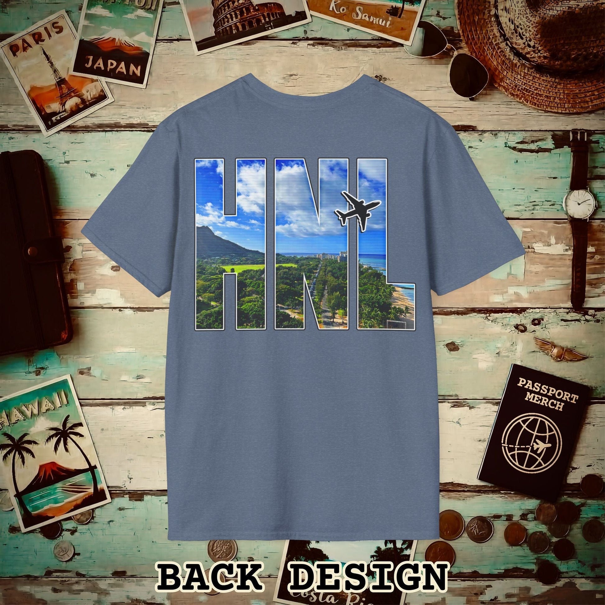 Airport Window Honolulu Oahu Hawaii HNL Back Print T-Shirt Heather Indigo / S