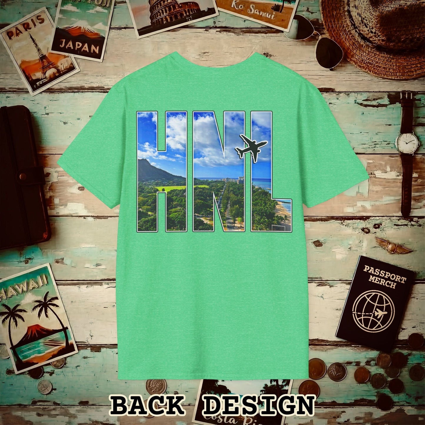 Airport Window Honolulu Oahu Hawaii HNL Back Print T-Shirt Heather Irish Green / S