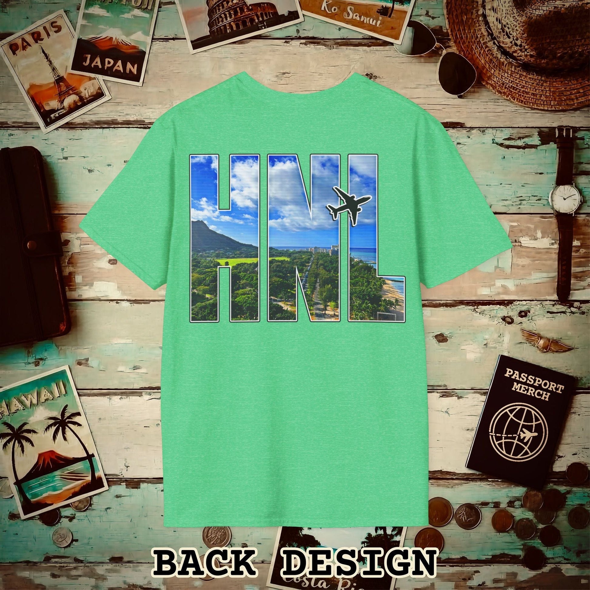 Airport Window Honolulu Oahu Hawaii HNL Back Print T-Shirt Heather Irish Green / S