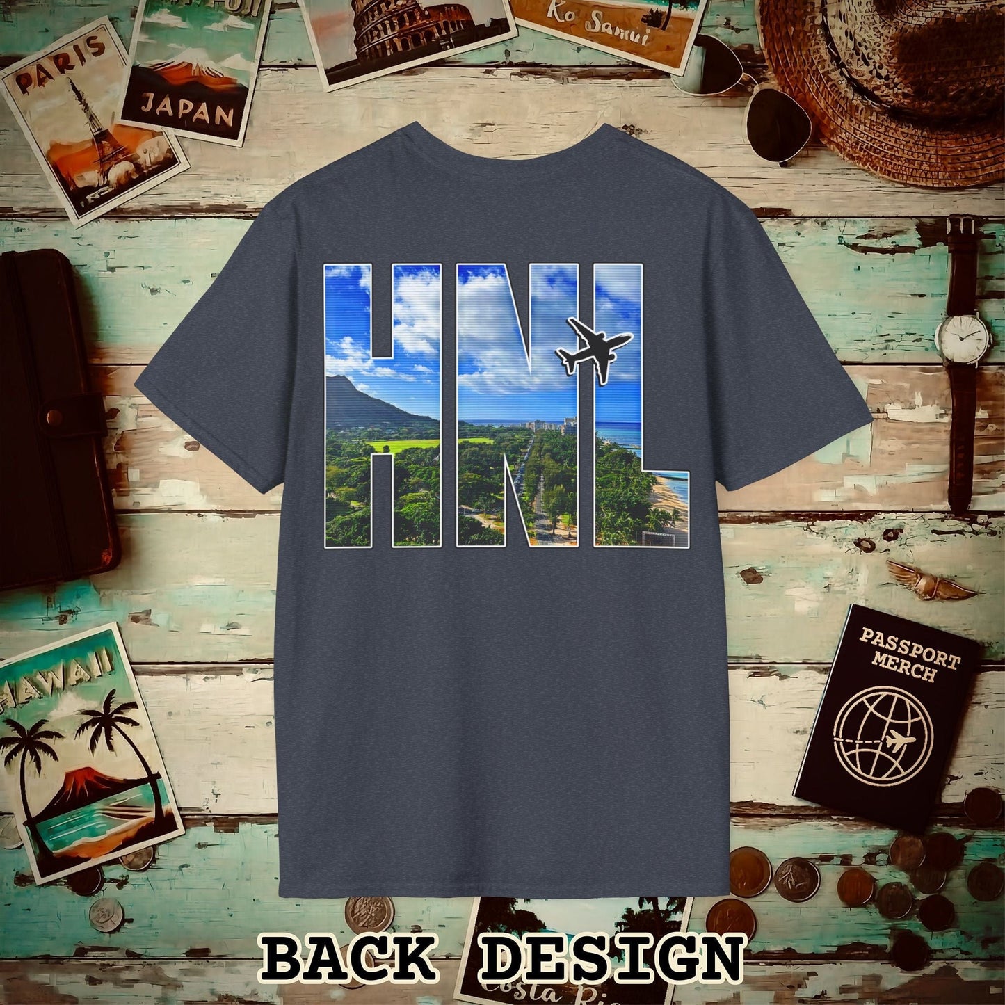 Airport Window Honolulu Oahu Hawaii HNL Back Print T-Shirt Heather Navy / S