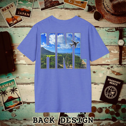 Airport Window Honolulu Oahu Hawaii HNL Back Print T-Shirt Heather Royal / S