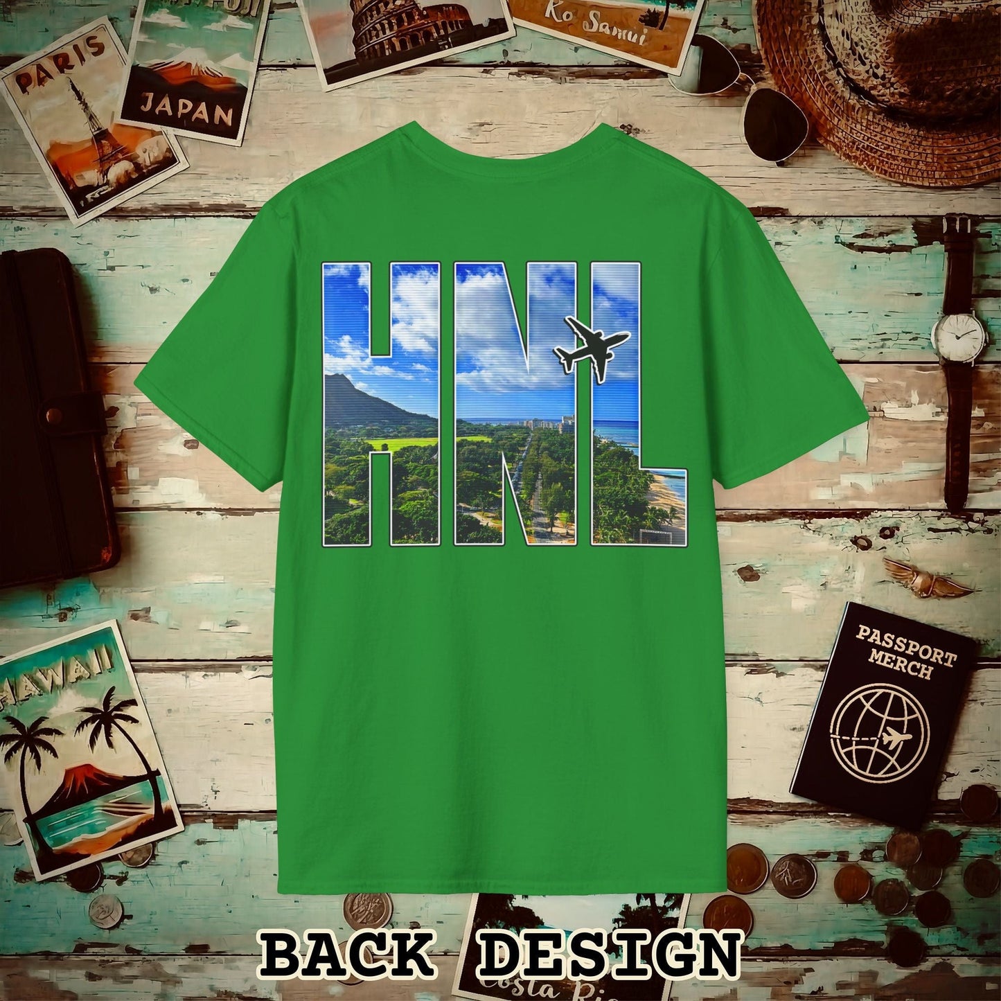 Airport Window Honolulu Oahu Hawaii HNL Back Print T-Shirt Irish Green / S